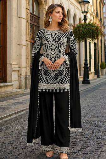 Black georgette semi stitched suit with embroidered beads & sequence work