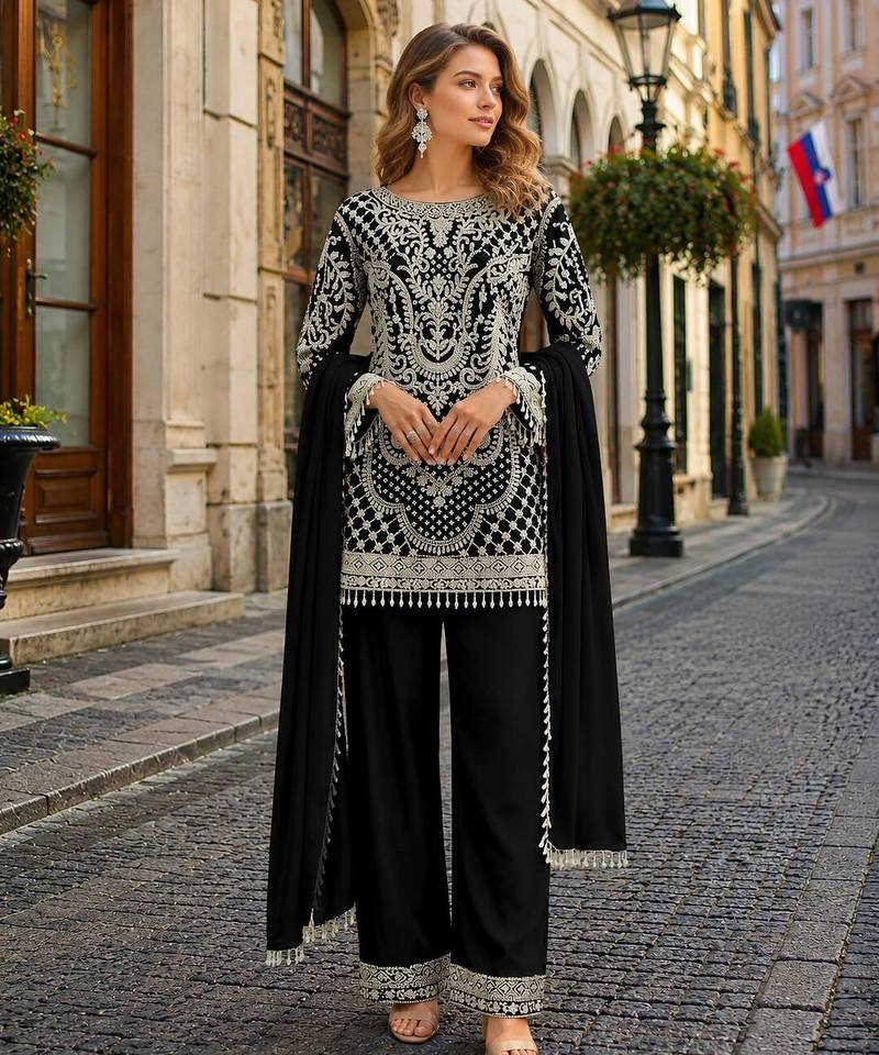 Black georgette semi stitched suit with embroidered beads & sequence work