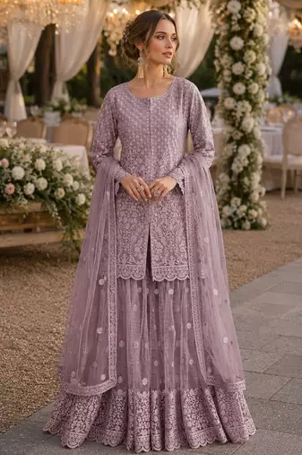 Purple heavy net readymade suit with embroidery & sequence work