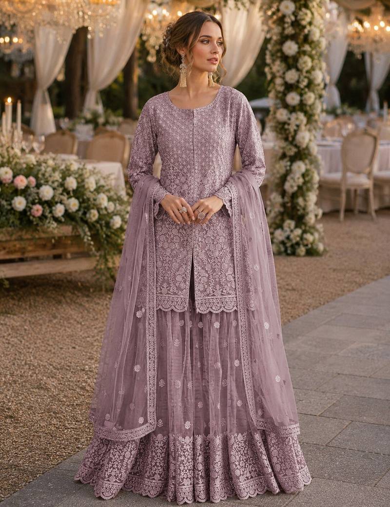 Purple heavy net readymade suit with embroidery & sequence work