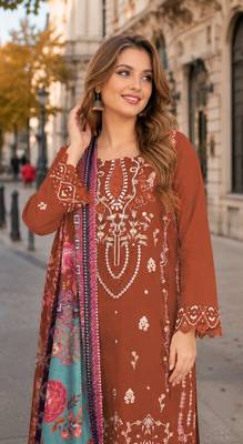 Orange cambric cotton semi stitched suit with embroidered & khatli work 2