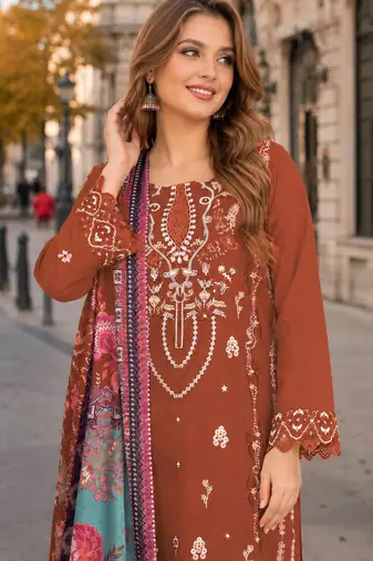 Orange cambric cotton semi stitched suit with embroidered & khatli work