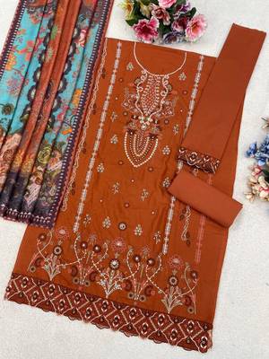 Orange cambric cotton semi stitched suit with embroidered & khatli work 3