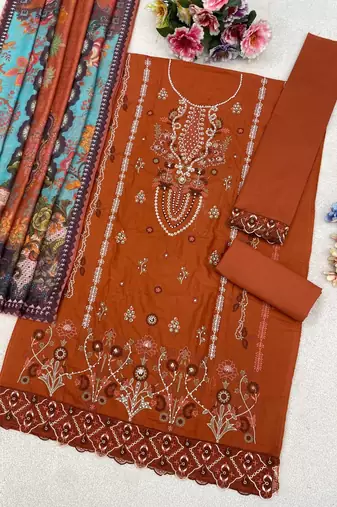 Orange cambric cotton semi stitched suit with embroidered & khatli work