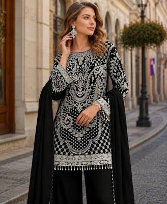 Black georgette suit with embroidered beads & sequin work 2