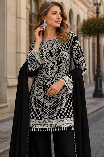 Black georgette semi stitched suit with embroidered beads & sequence work