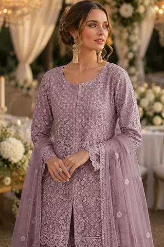 Purple heavy net readymade suit with embroidery & sequence work