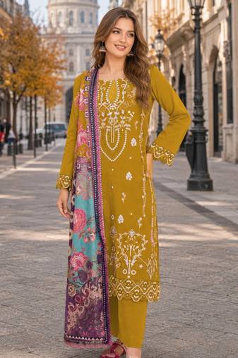 Yellow cambric cotton semi stitched suit with embroidered & khatli work