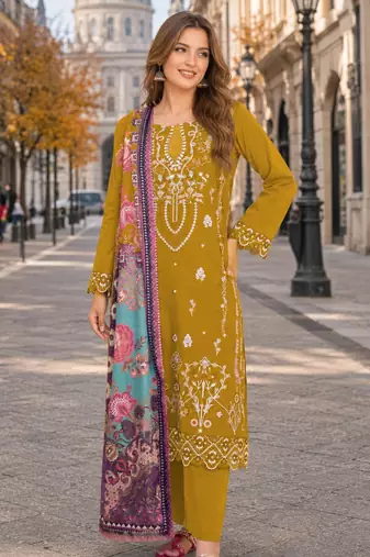 Yellow cambric cotton semi stitched suit with embroidered & khatli work
