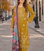 Yellow cambric cotton semi stitched suit with embroidered & khatli work