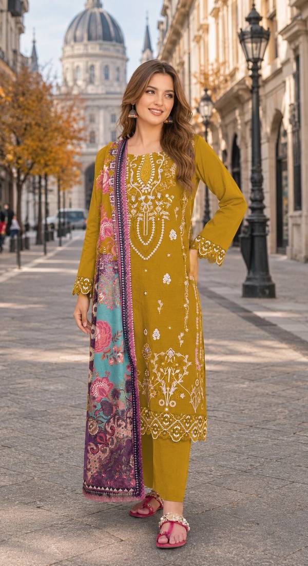 Yellow cambric cotton semi stitched suit with embroidered & khatli work