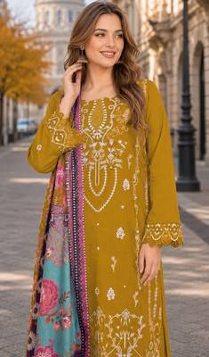 Yellow cambric cotton semi stitched suit with embroidered & khatli work 2