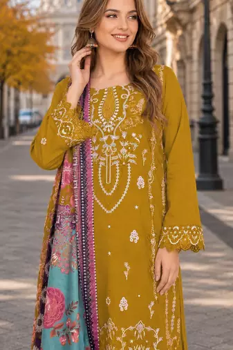 Yellow cambric cotton semi stitched suit with embroidered & khatli work