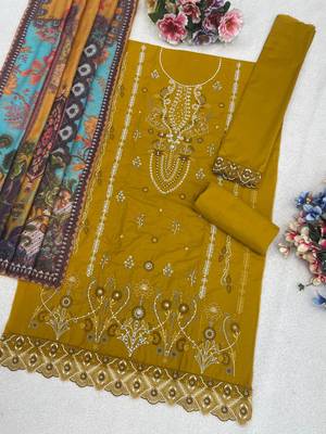 Yellow cambric cotton semi stitched suit with embroidered & khatli work 3