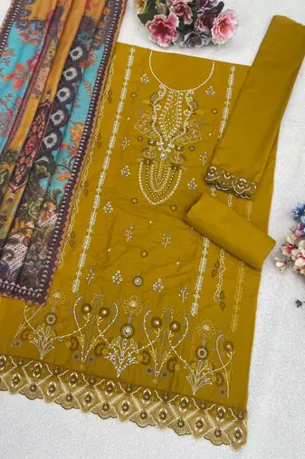 Yellow cambric cotton semi stitched suit with embroidered & khatli work