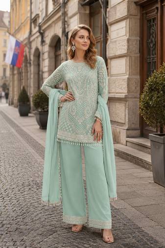 Sky blue georgette semi stitched suit with embroidered beads & sequence work