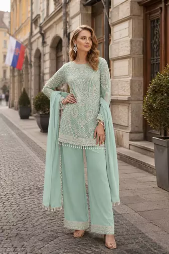Sky blue georgette semi stitched suit with embroidered beads & sequence work