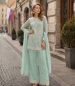 Sky blue georgette semi stitched suit with embroidered beads & sequence work