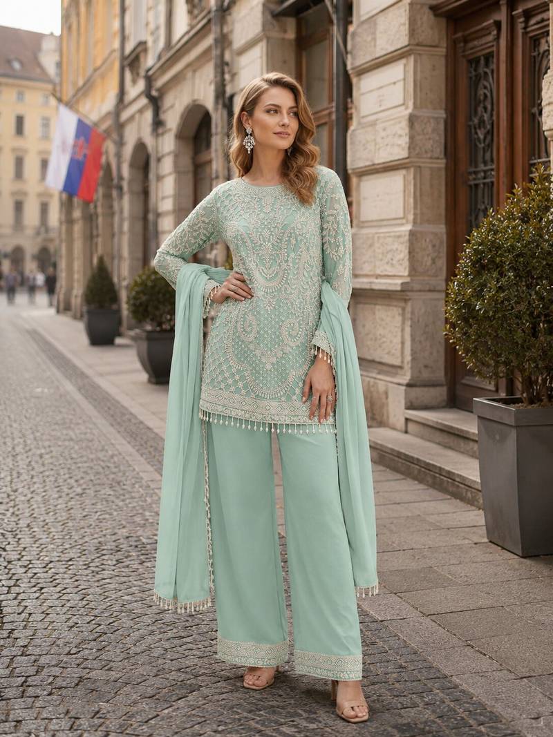Sky blue georgette semi stitched suit with embroidered beads & sequence work