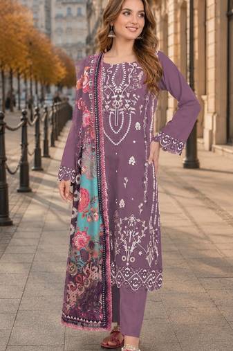 Purple cambric cotton semi stitched suit with embroidered & khatli work
