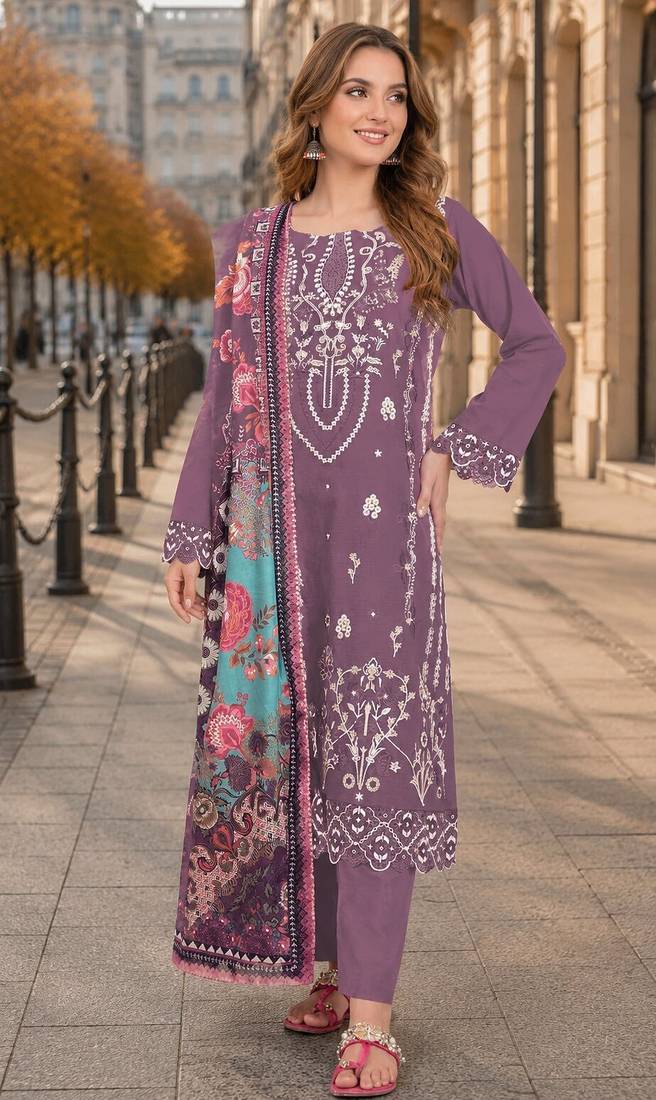 Purple cambric cotton semi stitched suit with embroidered & khatli work