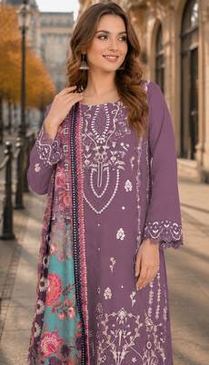 Purple cambric cotton semi stitched suit with embroidered & khatli work 2