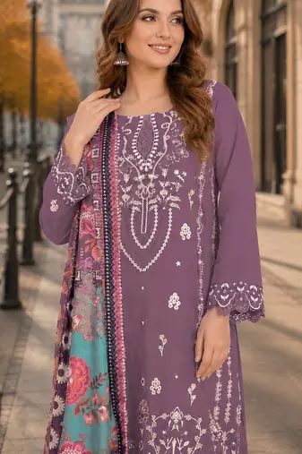Purple cambric cotton semi stitched suit with embroidered & khatli work