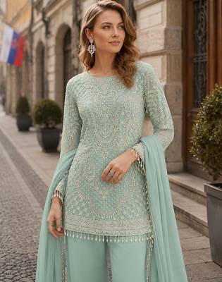 Sky blue georgette suit with embroidered beads & sequin work 2