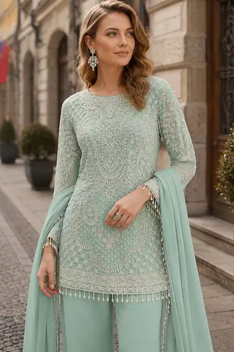 Sky blue georgette semi stitched suit with embroidered beads & sequence work