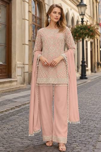 Peach georgette semi stitched suit with embroidered beads & sequence work