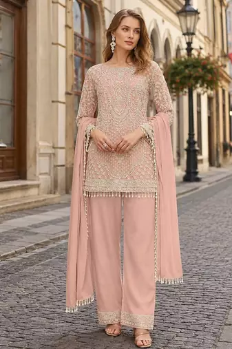 Peach georgette semi stitched suit with embroidered beads & sequence work