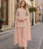 Peach georgette semi stitched suit with embroidered beads & sequence work