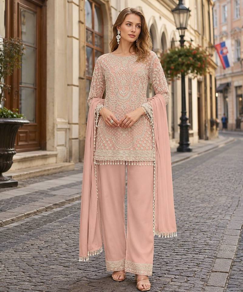 Peach georgette semi stitched suit with embroidered beads & sequence work