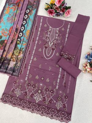 Purple cambric cotton semi stitched suit with embroidered & khatli work 3