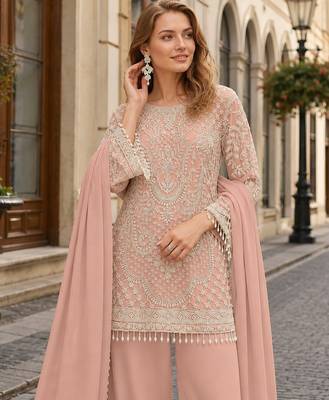 Peach georgette suit with embroidered beads & sequin work 2