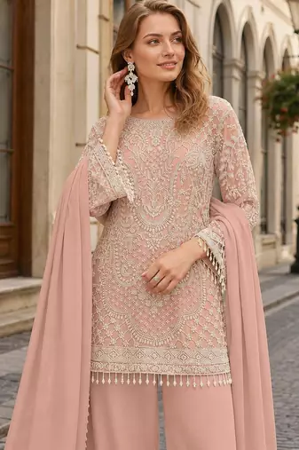 Peach georgette semi stitched suit with embroidered beads & sequence work