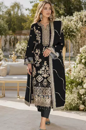 Black rangoli silk semi stitched suit with embroidery & sequence work