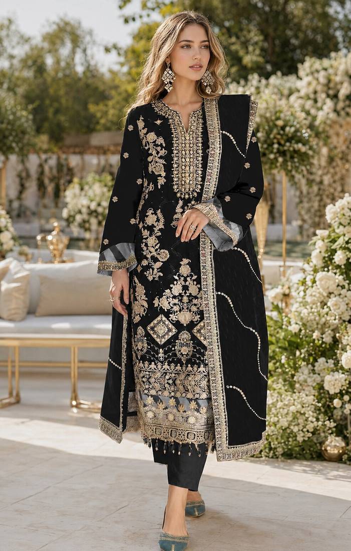 Black rangoli silk semi stitched suit with embroidery & sequence work