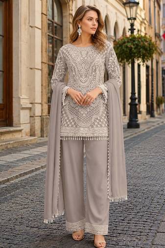 Purple georgette semi stitched suit with embroidered beads & sequence work