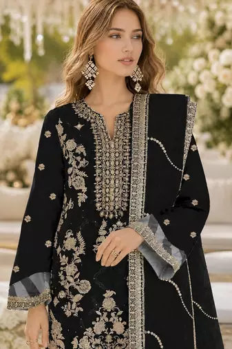 Black rangoli silk semi stitched suit with embroidery & sequence work
