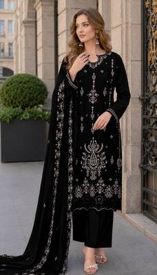Black velvet semi stitched suit with embroidery sequin work 1
