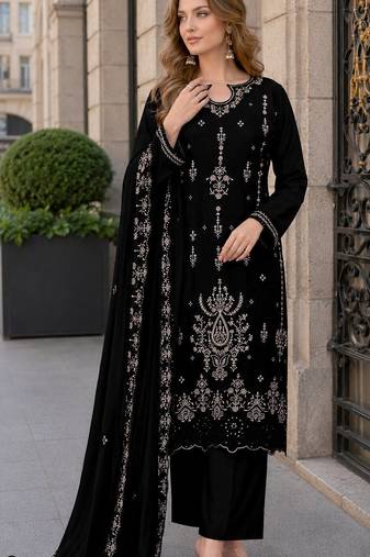 Black velvet semi stitched suit with embroidery sequence work