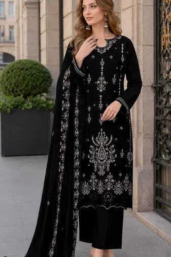 Black velvet semi stitched suit with embroidery sequence work