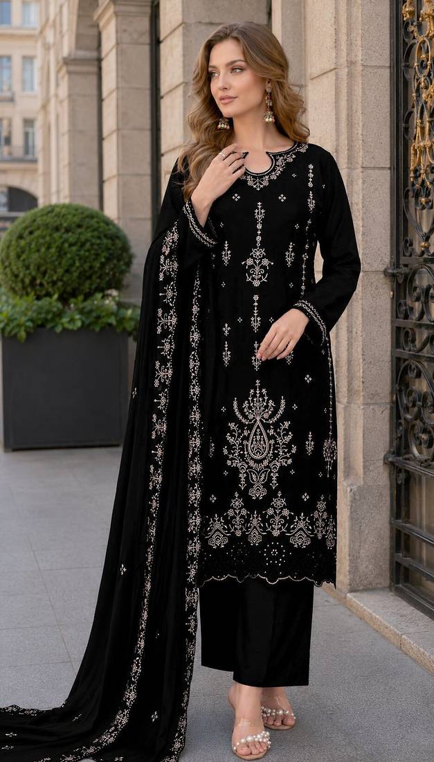 Black velvet semi stitched suit with embroidery sequence work
