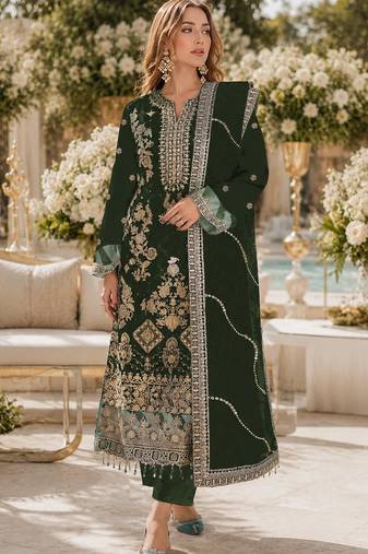 D green rangoli silk semi stitched suit with embroidery & sequence work