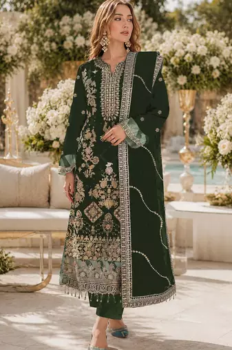 D green rangoli silk semi stitched suit with embroidery & sequence work