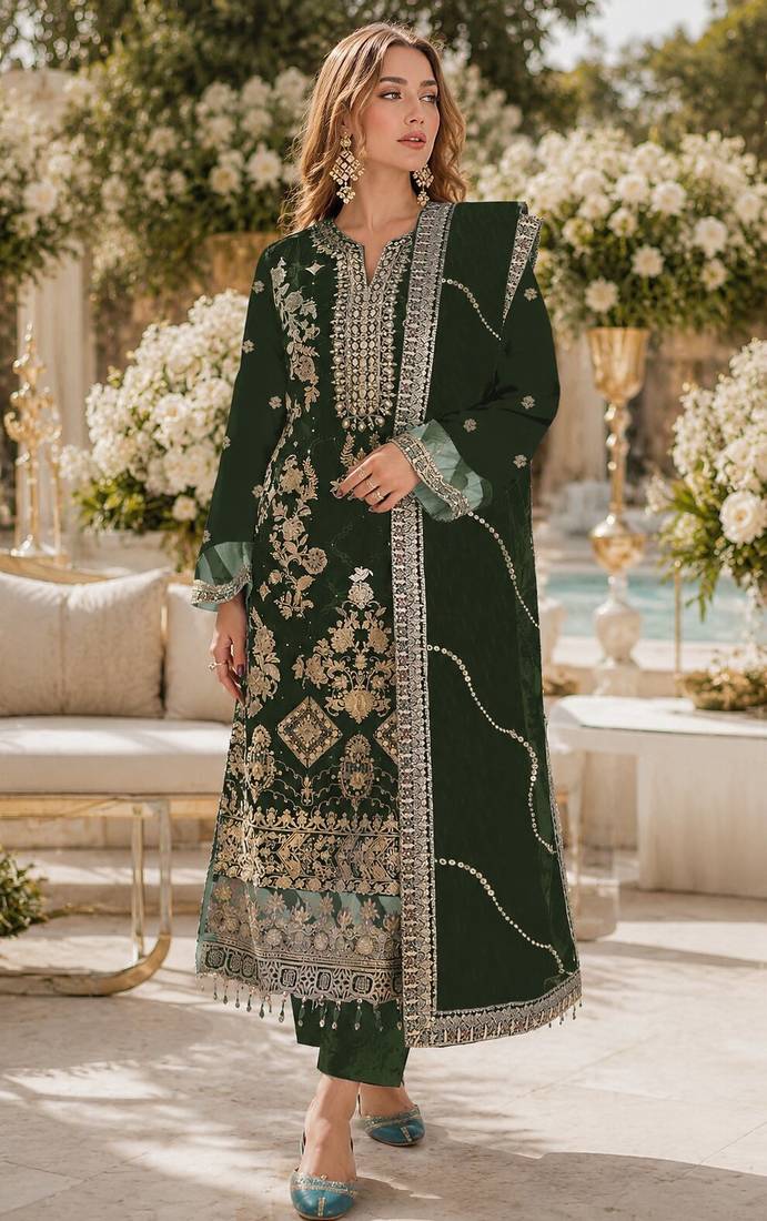 D green rangoli silk semi stitched suit with embroidery & sequence work