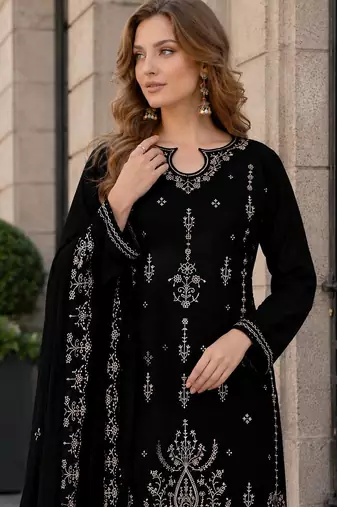 Black velvet semi stitched suit with embroidery sequence work