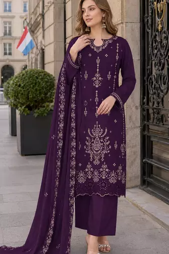 Purple velvet semi stitched suit with embroidery sequence work