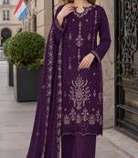 Purple velvet semi stitched suit with embroidery sequence work